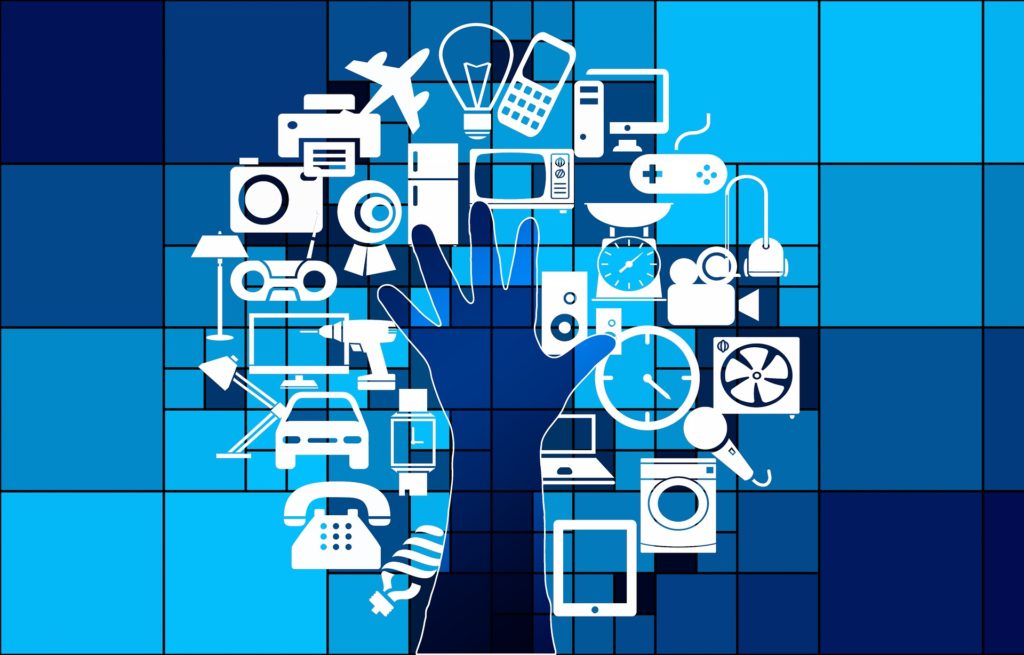 graphic design of a dark blue hand on a blue background showcasing IoT