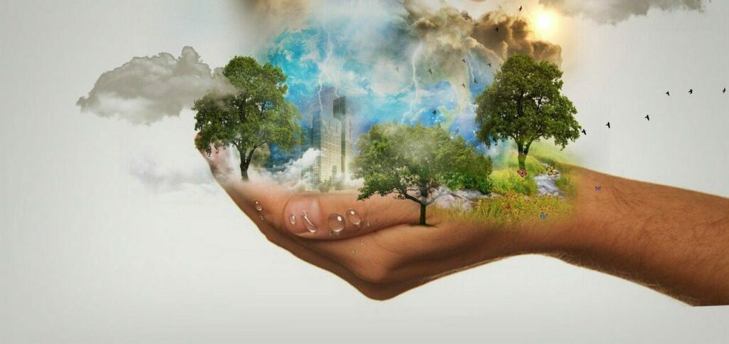 Hands protecting a sustainable world