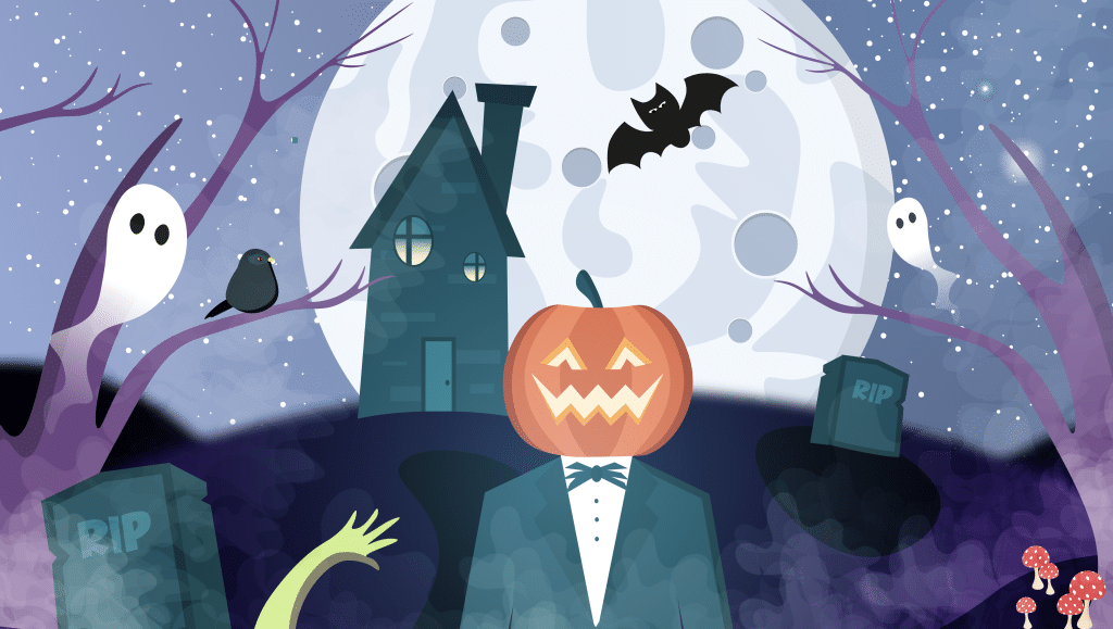 Halloween drawing with pumpkin and ghosts.